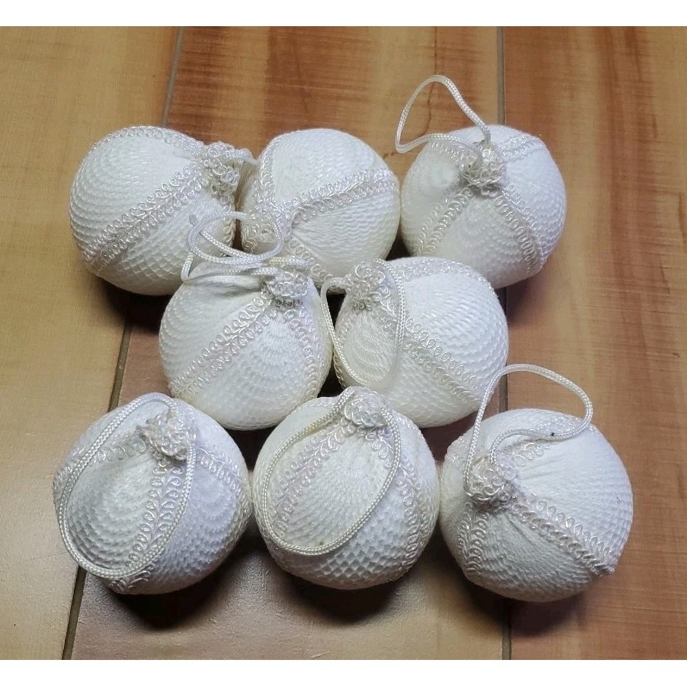 Victorian Style 8 White Christmas Ornament with Mesh Trim Fabric Styrofoam